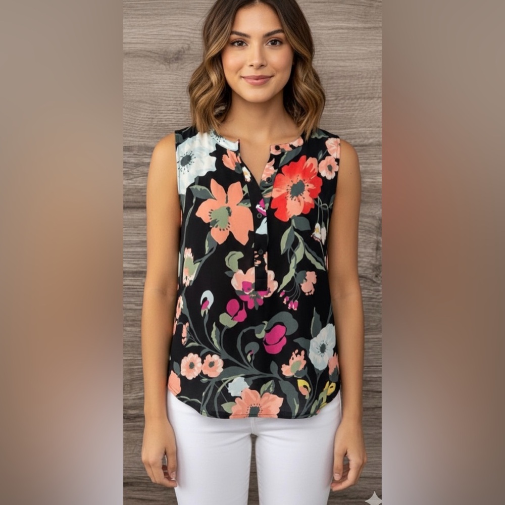 LOFT Outlet Black Vibrant Floral Sleeveless Knit Blouse- Medium